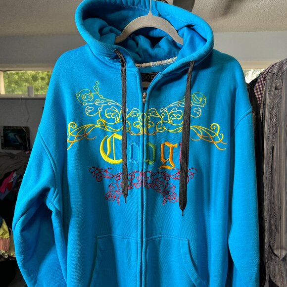 Coogi Unisex Turquoise & Colorful Embroidered Full-Zip Hoodie with Logo SZ 4XL